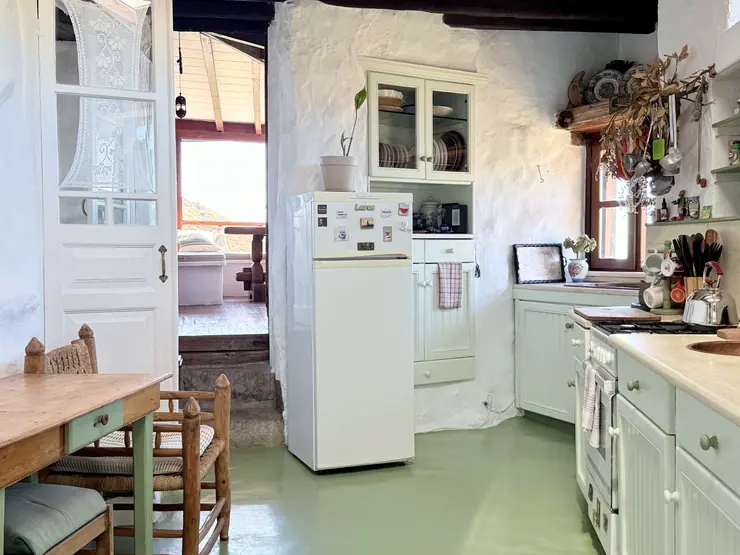 Kitchen with pale green cabinets, refrigerator and timber ceiling at Eco House Patmos