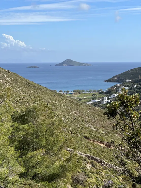 View across the Patmos hills towards the sea and distant islands at Eco House Patmos