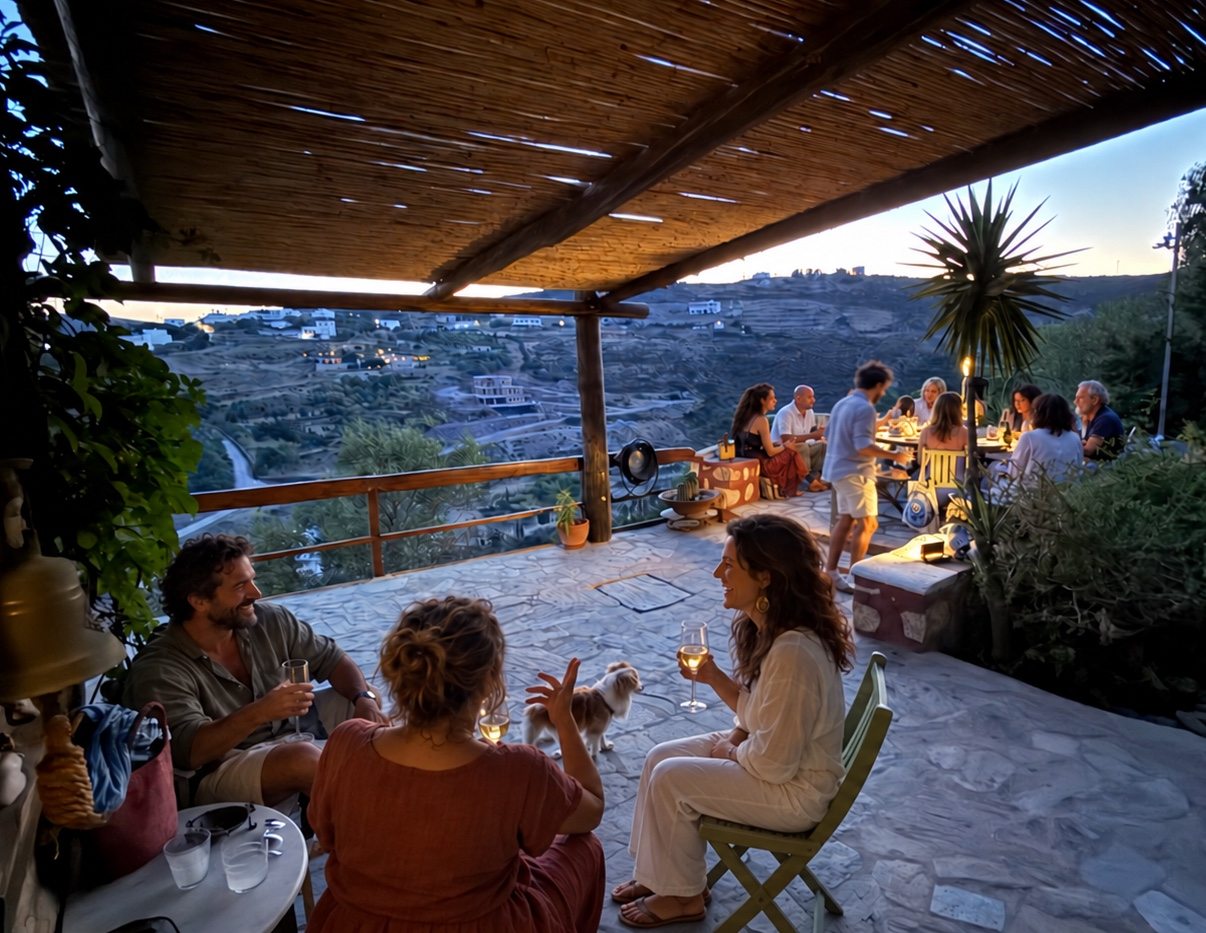 Friends and retreat guests sharing dinner on the terrace at Eco House Patmos, Greece