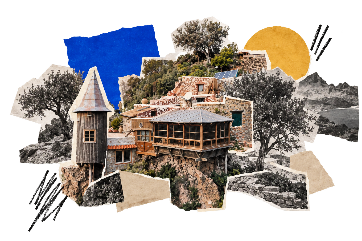 Handmade collage of Eco House Patmos on its hillside, with Klein blue paper, a golden sun and ink drawings