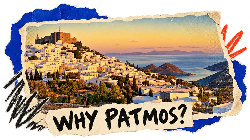 Postcard collage of Chora, Patmos, at sunset, with the monastery, white houses and sea